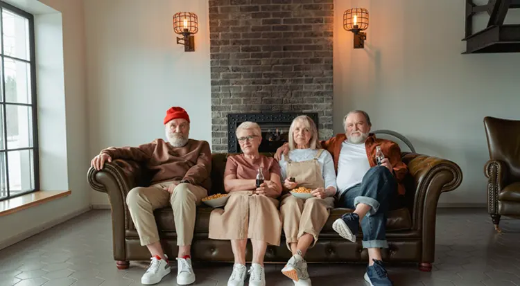 
Happy seniors sitting sitting on brown leather sofa at a downsizing home 