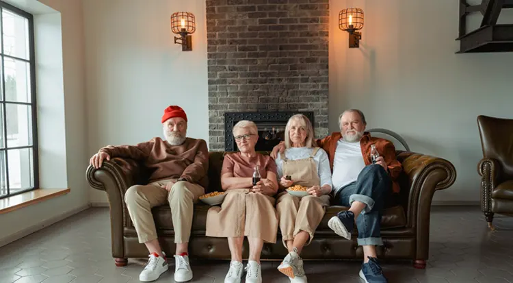 
Happy seniors sitting sitting on brown leather sofa at a downsizing home 